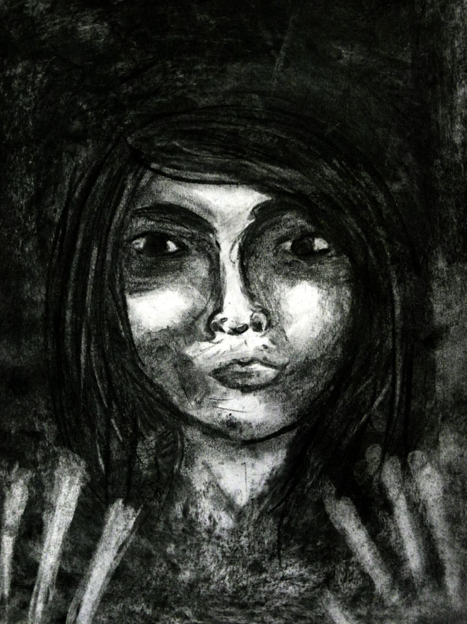 Nightmare portrait in charcoal by Mel Su, year 9.